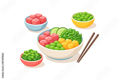 Colorful isometric poke bowl with fresh ingredients and chopsticks