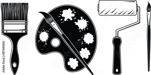 Painting tool silhouette set, brush, roller, palette, artistic and home improvement equipment, vector sketch, flat cad drawing illustration