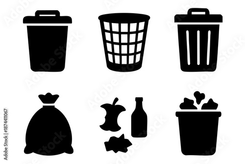 Black and white trash and recycling bin icon set in hand drawn outline silhouette style