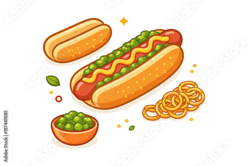 Delicious hot dog with peas and crispy pretzels in modern cartoon style