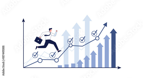 Ambitious businessman with a briefcase running up a series of rising blue arrows with checkboxes for task completion and success.