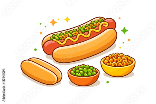 Colorful hot dog with peas and macaroni in modern cartoon style