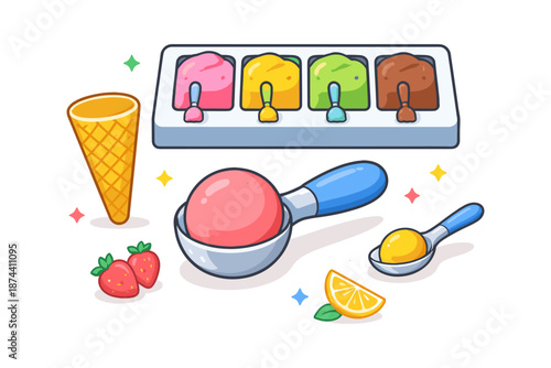 Colorful ice cream scoops and cones with fruits and toppings in a fun cartoon style
