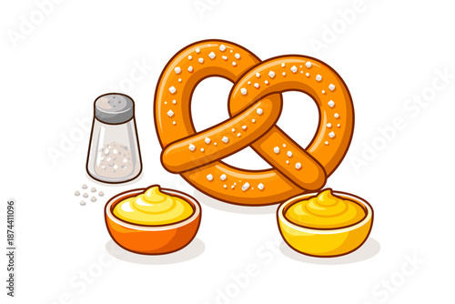 Salted pretzel with mustard and salt shaker on white background