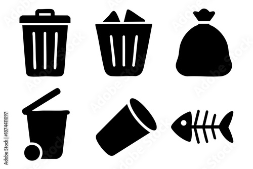 Black and white trash and recycling bin icon set in hand drawn outline silhouette style