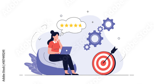 Focused woman working on a laptop sitting on a bean bag chair thinking about five-star ratings, gears, and hitting a bullseye target.