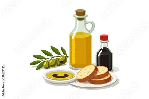 Isometric olive oil and balsamic vinegar with bread and olives