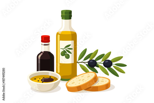 Olive oil and balsamic vinegar with bread and olives in flat design