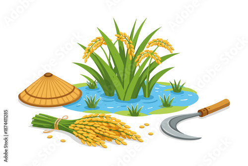 Traditional rice farming elements: paddy, sickle, and hat in natural setting