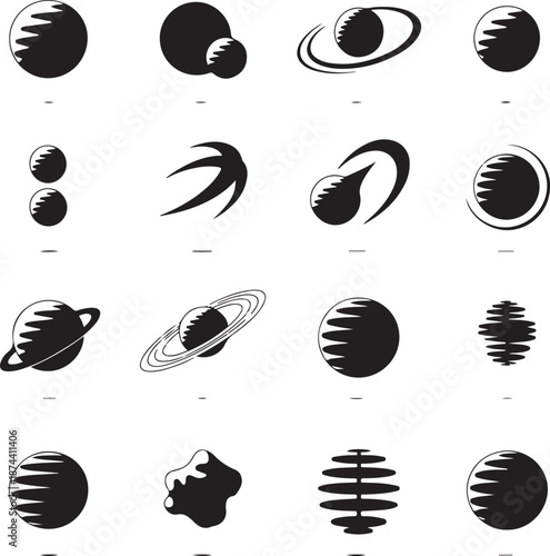 Black and white illustrations of various planet icons and shapes