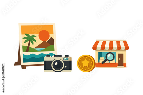 Creative marketplace icons: art, photography, shopping, and exploration concept