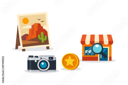 Flat icons of travel photography, souvenir shop, and adventure landscapes