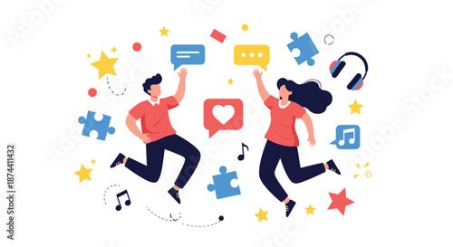 Happy young man and woman jumping with joy surrounded by various social media and leisure icons like hearts, stars, and music notes.