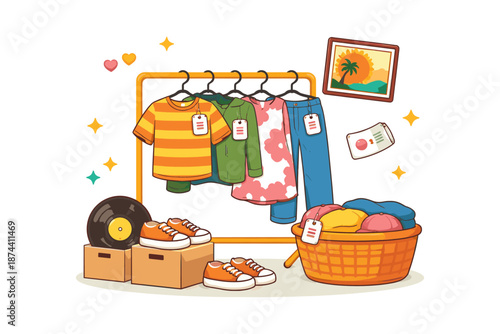 Colorful thrift store clothing display with hanging shirts and sneakers