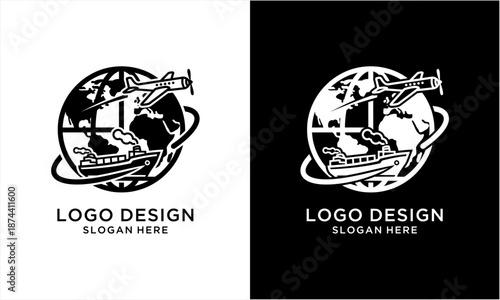 Global travel and transportation logo design with airplane and ship.