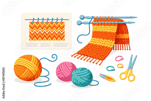 Colorful knitting tools and patterns on white background