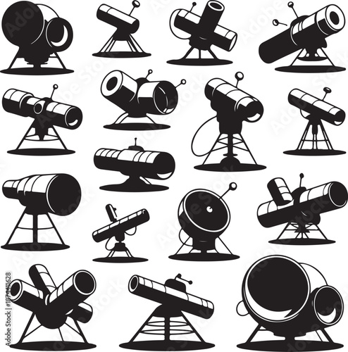 Black and white illustrations of various telescope designs and models are shown