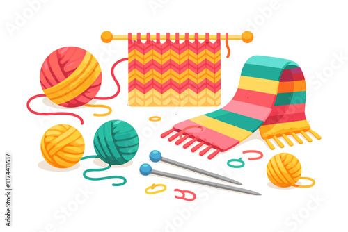 Colorful yarn and knitting tools with patterned scarf