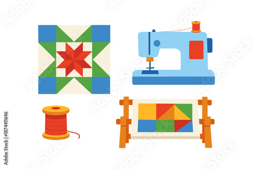 Colorful sewing and quilting icons set with machine and thread spool