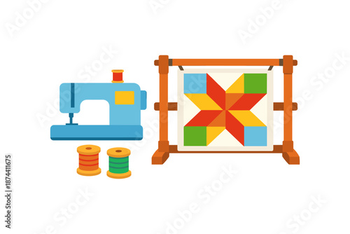 Colorful sewing machine and quilting frame with spools on white background