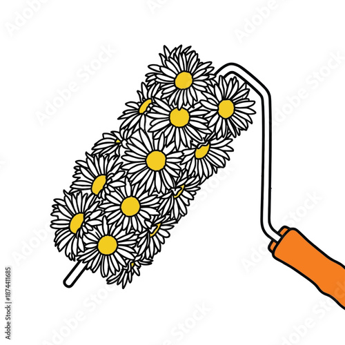 Daisy flower paint roller creative painting concept for spring and summer floral decoration.