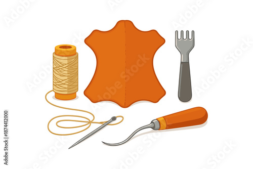Leather crafting tools with thread, leather piece, needle, and stitching awl