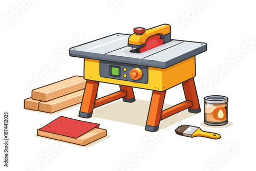 Woodworking tools: circular saw, lumber, and paintbrush in cartoon style for diy projects