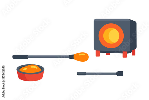 Glass blowing icons with furnace, molten glass, and tools in flat design