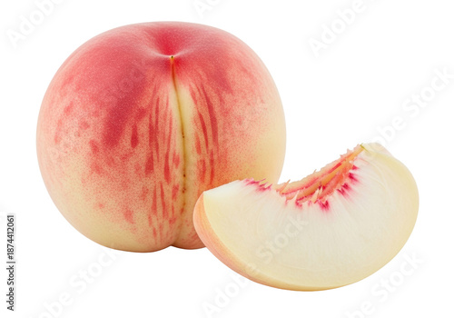 A whole, ripe white peach with fuzzy skin, red blush, distinct cleft, and a perfect slice revealing translucent, juicy flesh, isolated on transparent background, concept of fresh fruit purity