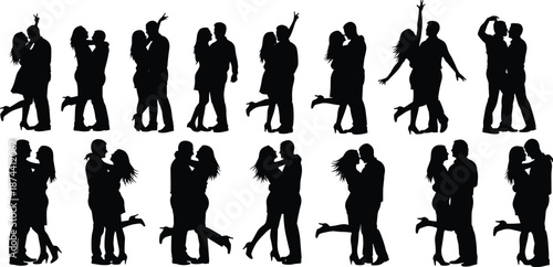 Romantic couple silhouettes collection, love and affection poses, man and woman relationships, dancing and hugging moments, black vector illustration isolated on white background