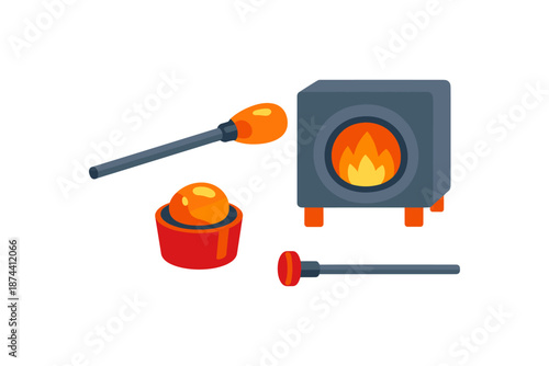 Glass blowing tools and furnace: crafting molten glass in a flat design