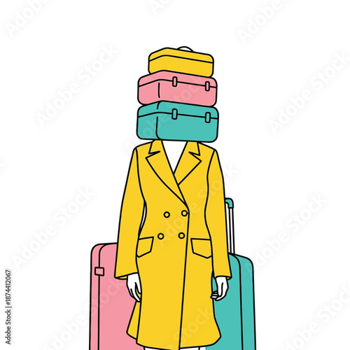 Faceless person wearing yellow coat with huge stack of colorful suitcases instead of head