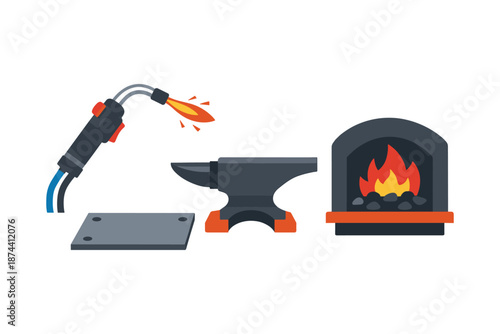 Blacksmith tools and forge: anvil, welding torch, and furnace in flat design
