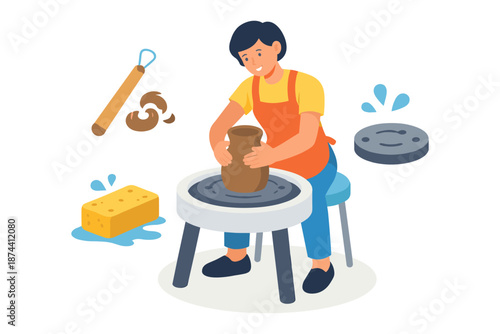 Pottery crafting scene with potter at wheel and tools in a flat design