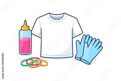 Diy tie dye kit: white t-shirt, gloves, dye bottle, rubber bands for creative projects