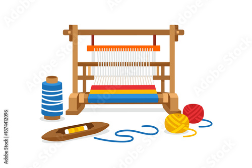 Colorful weaving loom with yarn and tools on white background