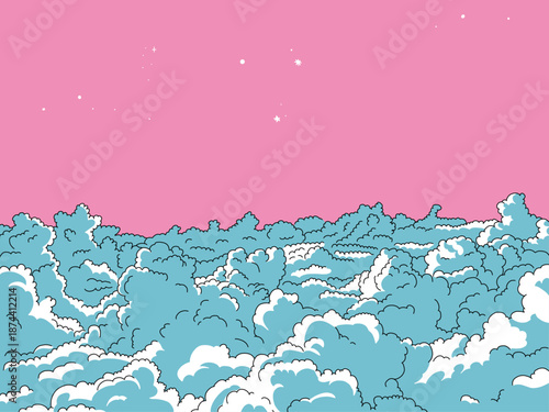Abstract Vector Illustration of a Pink Night Sky with Light Blue Fluffy Clouda and White Minimalist Stars
