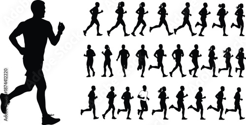 Running silhouettes collection of men and women joggers in motion poses, fitness marathon training vector illustration set for sports design and activity concepts
