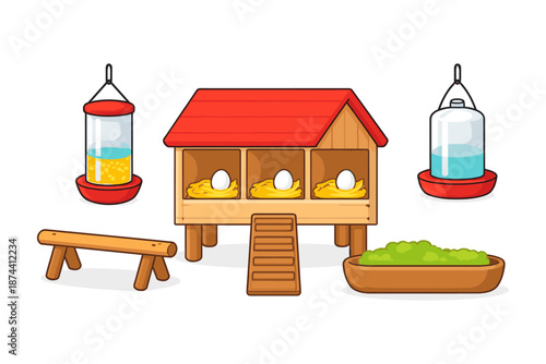Cozy chicken coop with eggs and feeders in charming cartoon style