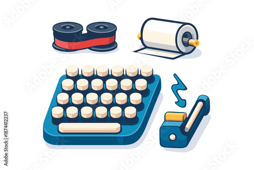 Retro typewriter elements with ribbon, platen roll, and keypad in vintage style