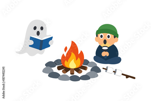 Campfire stories and friendly ghost with marshmallows in flat style