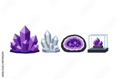 Colorful crystal set with amethyst geode and gem display on white background