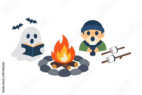 Flat design halloween camping scene with ghost, campfire, and marshmallows