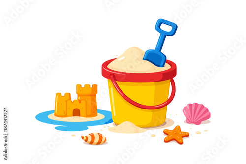 Colorful beach bucket and sand castle with seashells and starfish