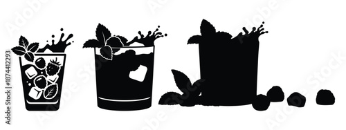 Set of four Juice drink silhouettes with mint leaves and berries on white background