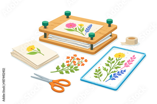 Botanical pressing kit with dried flowers and crafting tools for creative projects