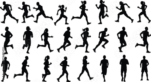 Running silhouettes set, men and women sprinting, jogging poses, fitness training, marathon athletes, black vector illustration isolated on white background