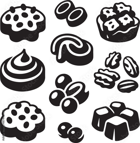 black and white pastry and dessert icons on white background