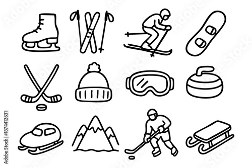 Winter sports icon set with skiing snowboarding skating and equipment in simple outline doodle style i