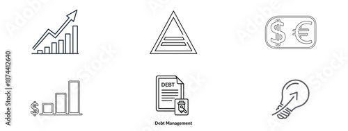 Collection of six black and white line graphs and business related icons